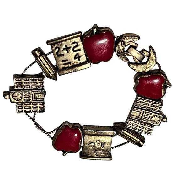 Vintage Teacher Themed Charm Bracelet Red Apples Books School House Math Design - Picture 1 of 4